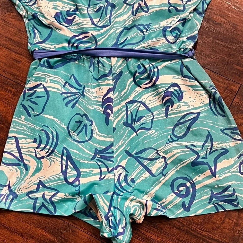 Vintage Sea Waves One-Piece Swimsuit, Women's Size 16, Seashells, Teal, Padded